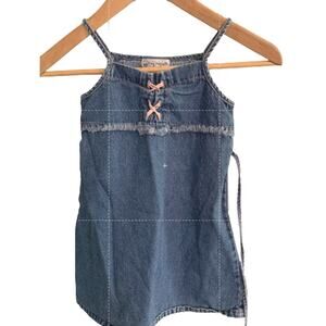 My Michelle Y2K Denim Jumper Dress Sleeveless Lace Up Frayed Fringe Size 6